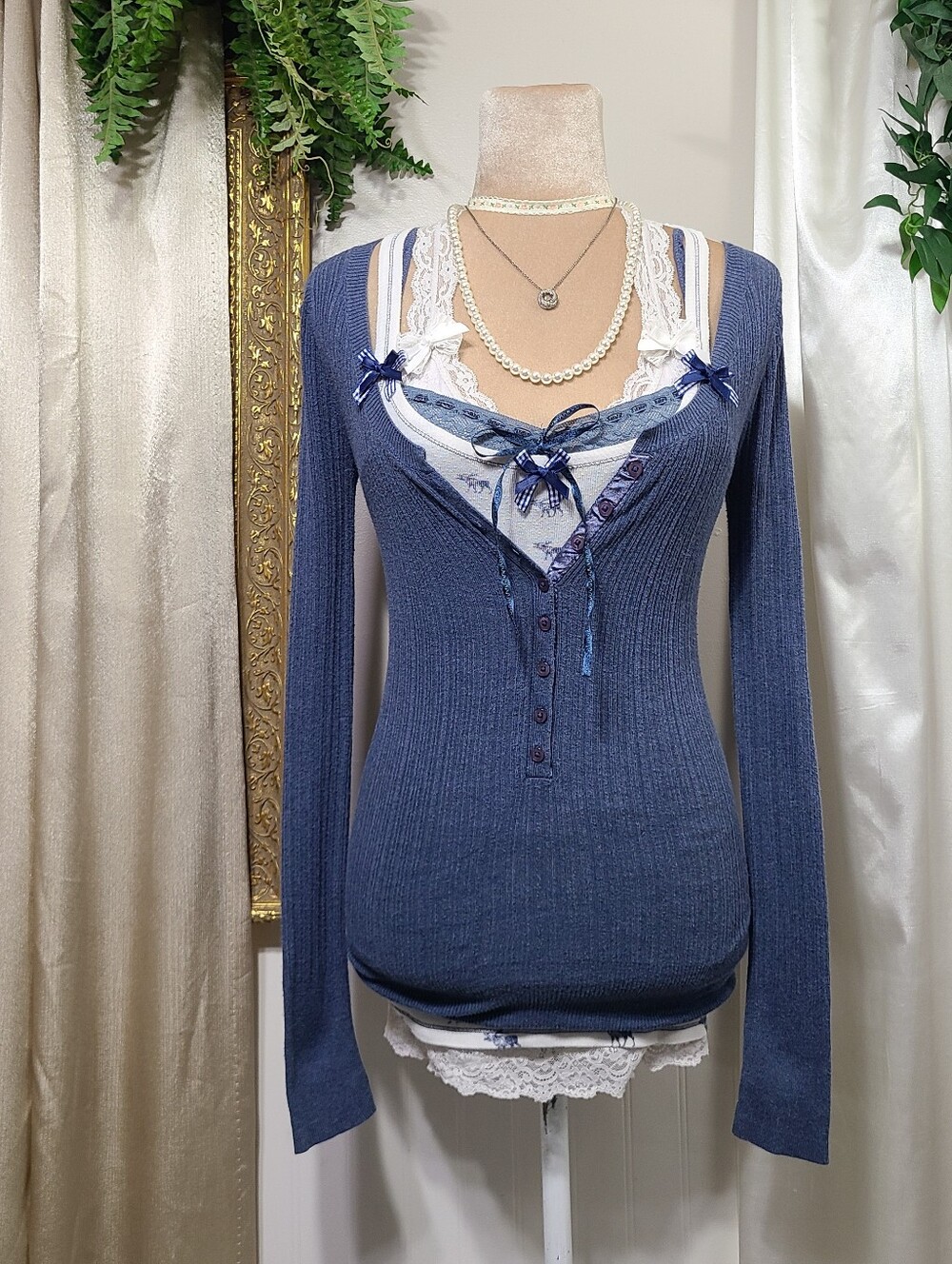 ♡ Y2K ♡ Aeropostale Blue Babydoll Henley Sweater Long Sleeve Button Front
